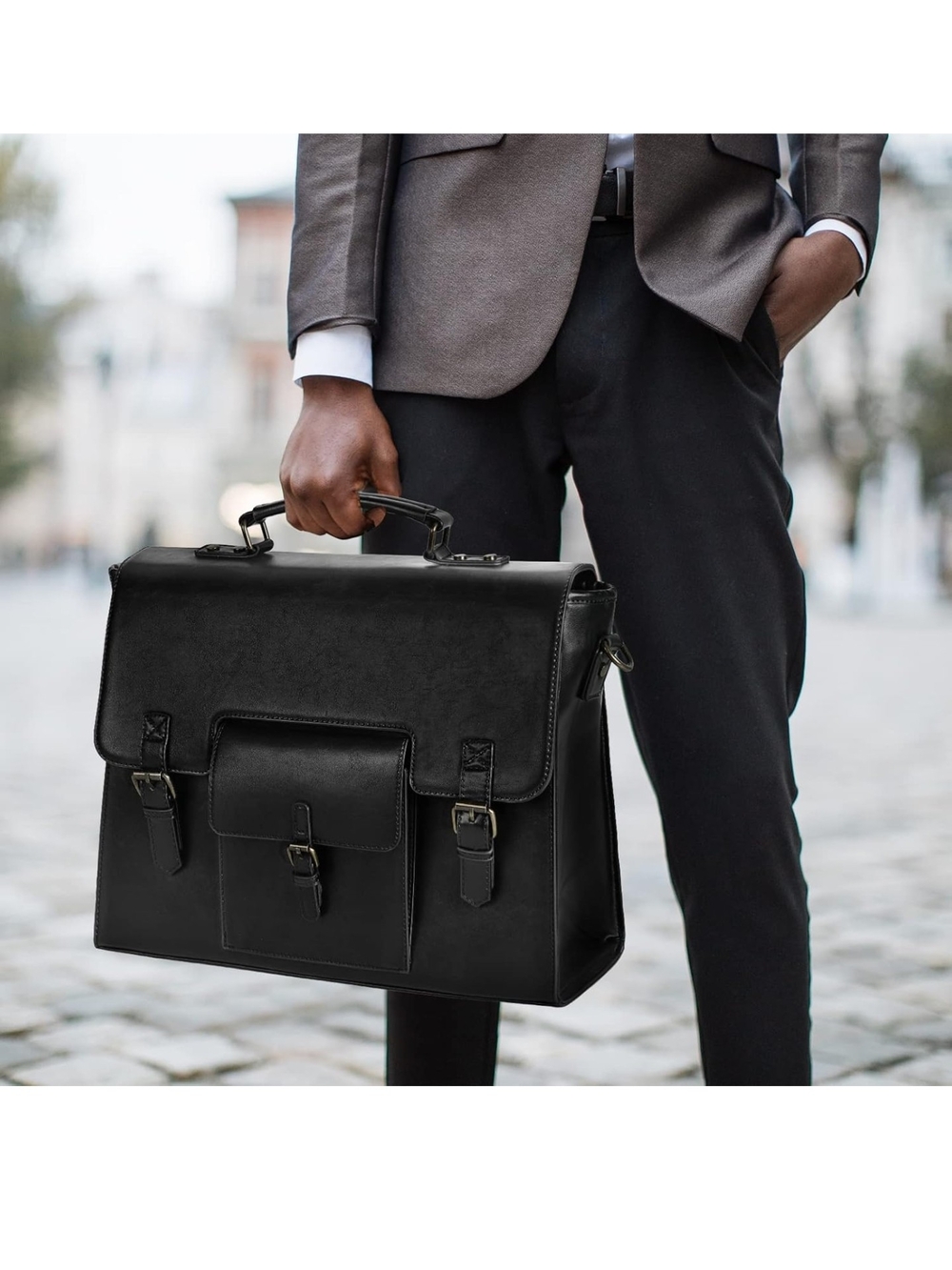 NWOT - Unisex Leather Black Leather Briefcase w/ Front Pocket + Shoulder Strap - Picture 2 of 7